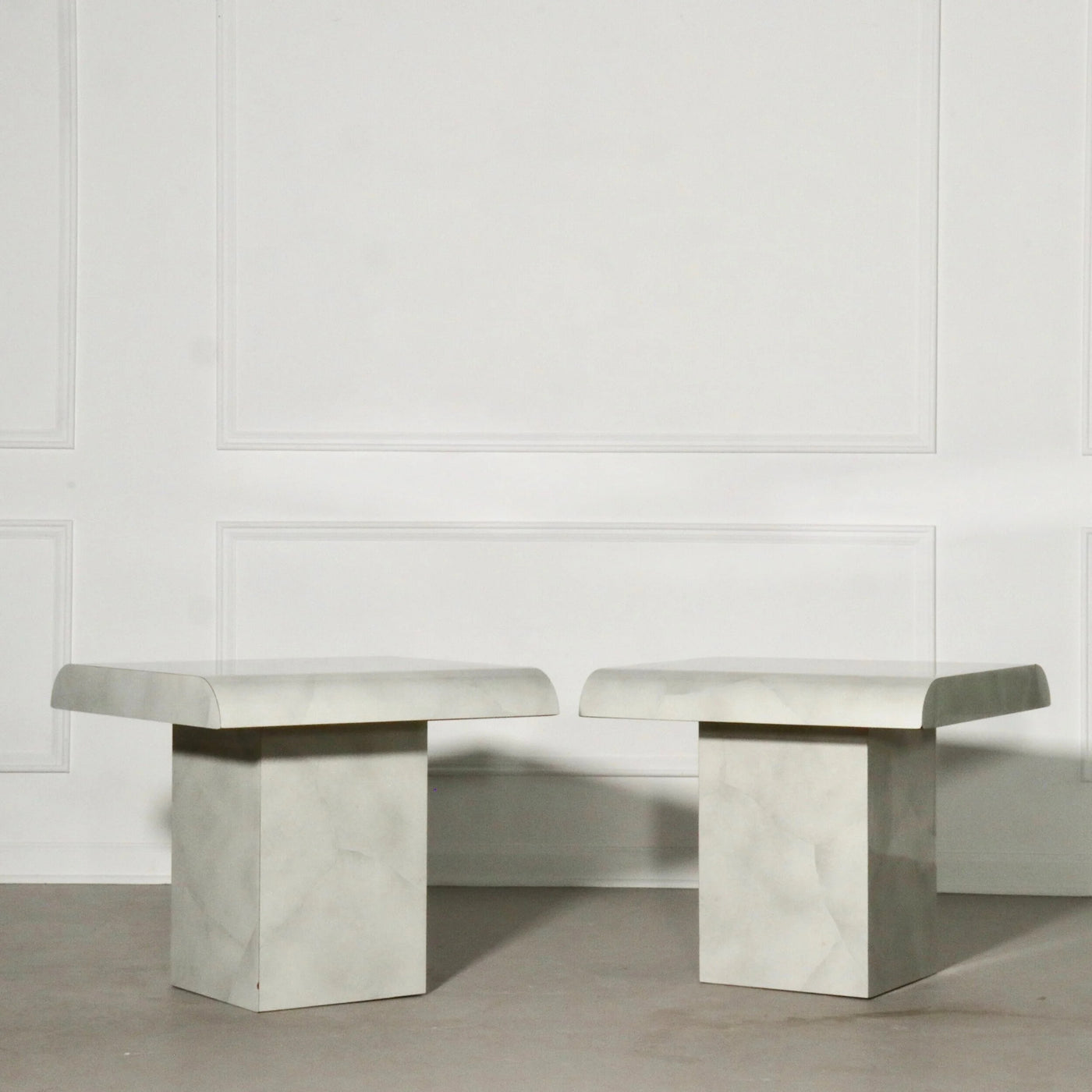 Post Modern Faux Carrara Marble End Tables Pair