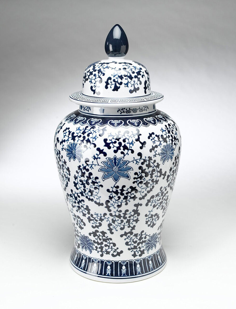 Vintage Blue White Lidded Temple Jar