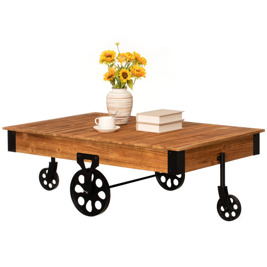 Industrial Wood & Iron Wheel Coffee Table