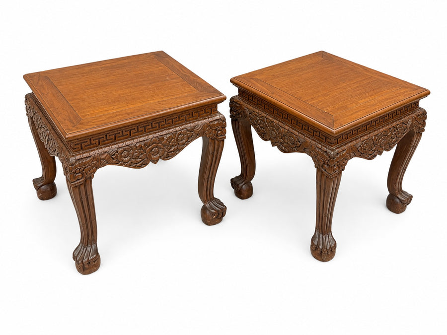 Vintage Asian Carved Hardwood Low Stands Pair