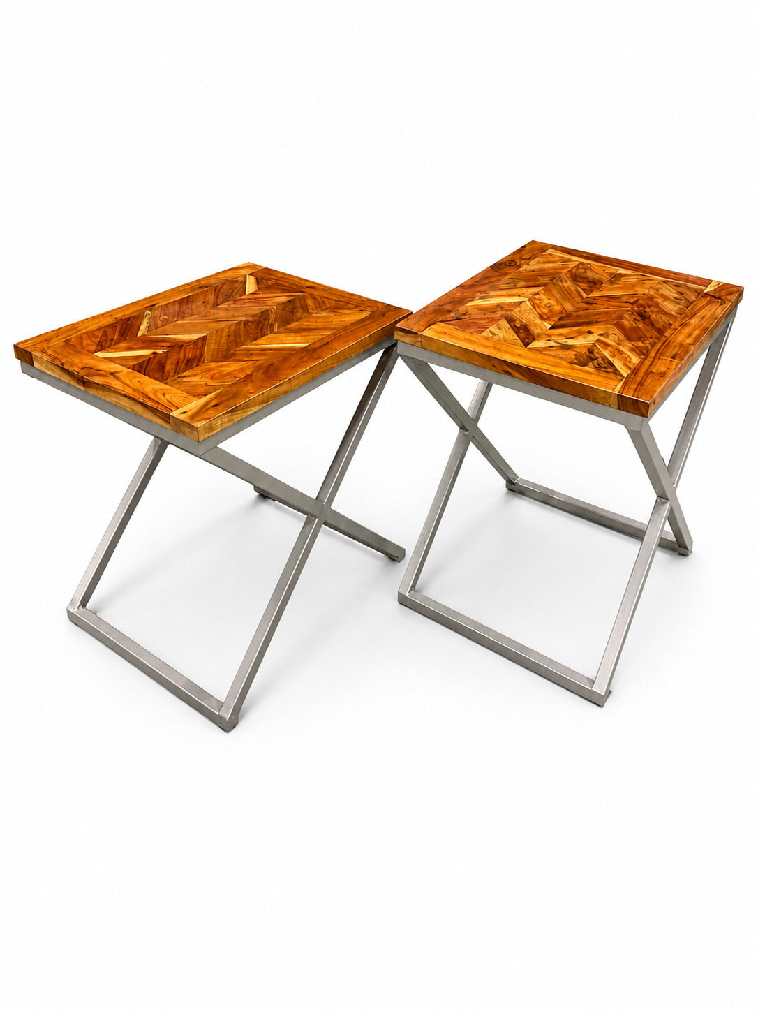 Contemporary Parquet Wood Side Tables Pair