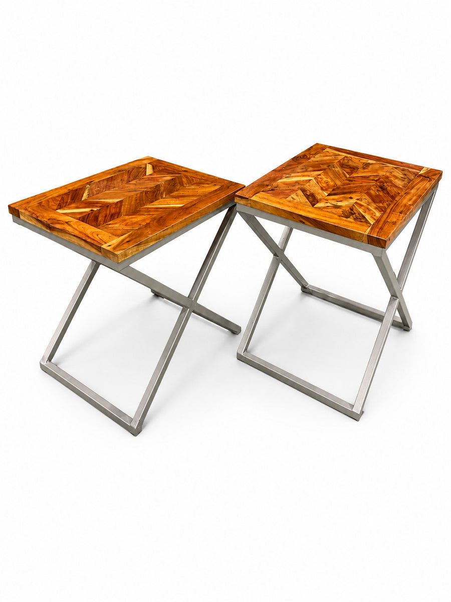 Contemporary Parquet Wood Side Tables Pair