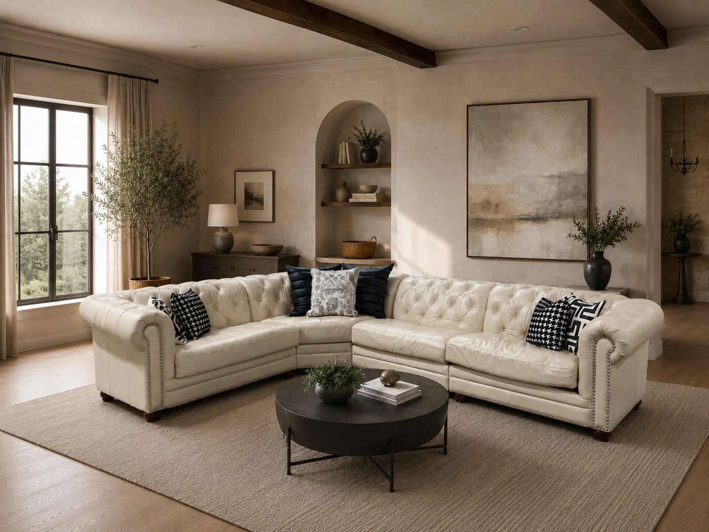 IVORY LEATHER CHESTERFIELD SECTIONAL