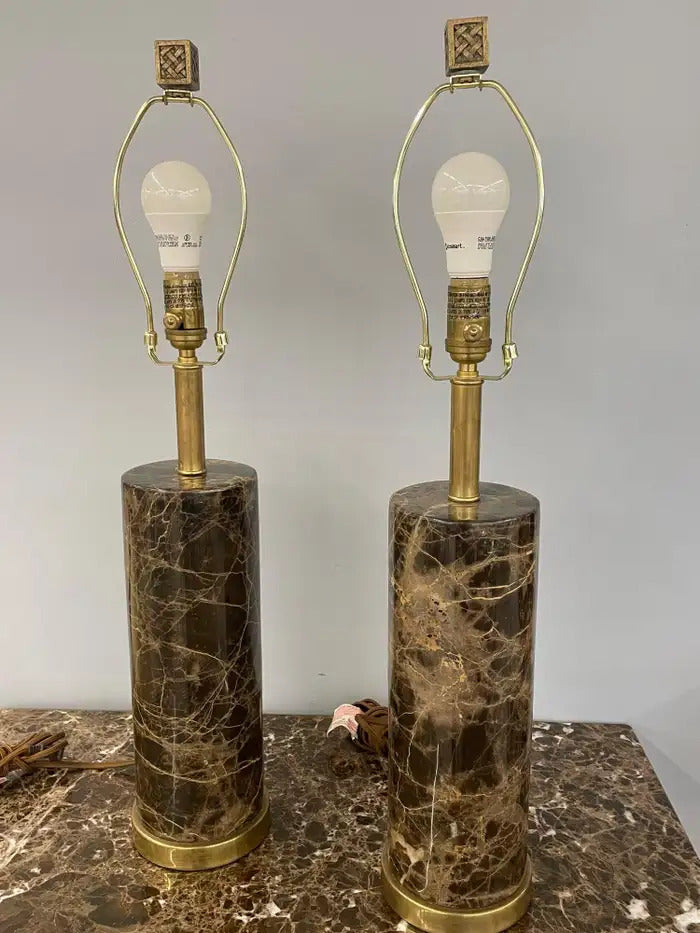 Pair of Modern Marble Column Table Lamps
