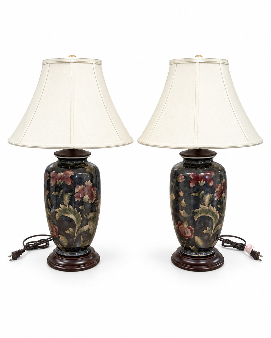 Floral Ceramic Urn Table Lamps Pair